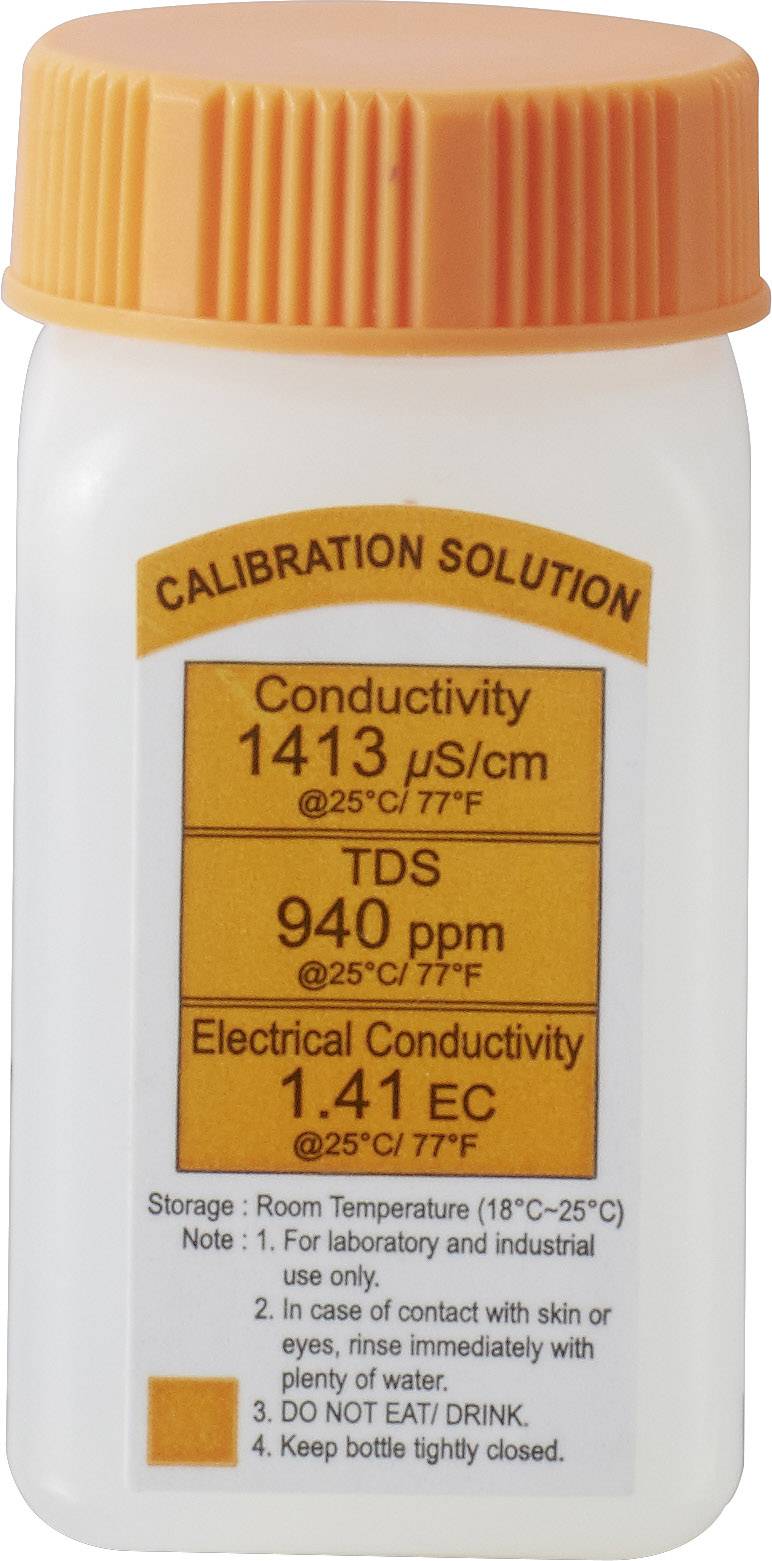 Láhev s etiketou kalibrační roztoky. Vodivost: 1413 µS/cm, TDS: 940 ppm, elektrická vodivost: 1,41 EC při 25°C/77°F.