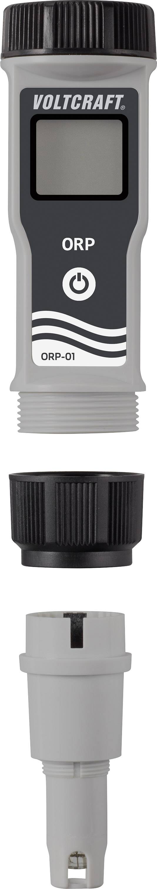 Ruční měřicí přístroj pro měření redoxpotenciálu (ORP) v šedém pouzdře s černým displejem. Odnímatelný ochranný kryt dole.