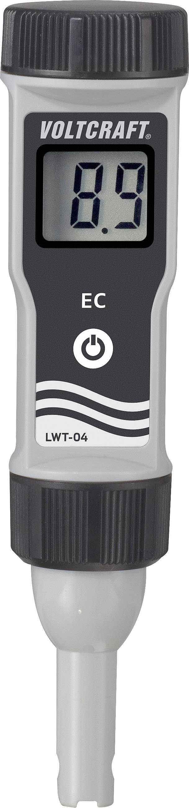 Digitální měřicí přístroj vodivosti s displejem, zobrazuje '0,9'. Označen štítkem 'Voltcraft' a 'EC'. Model 'LWT-04'. Přístroj pro analýzu vody.