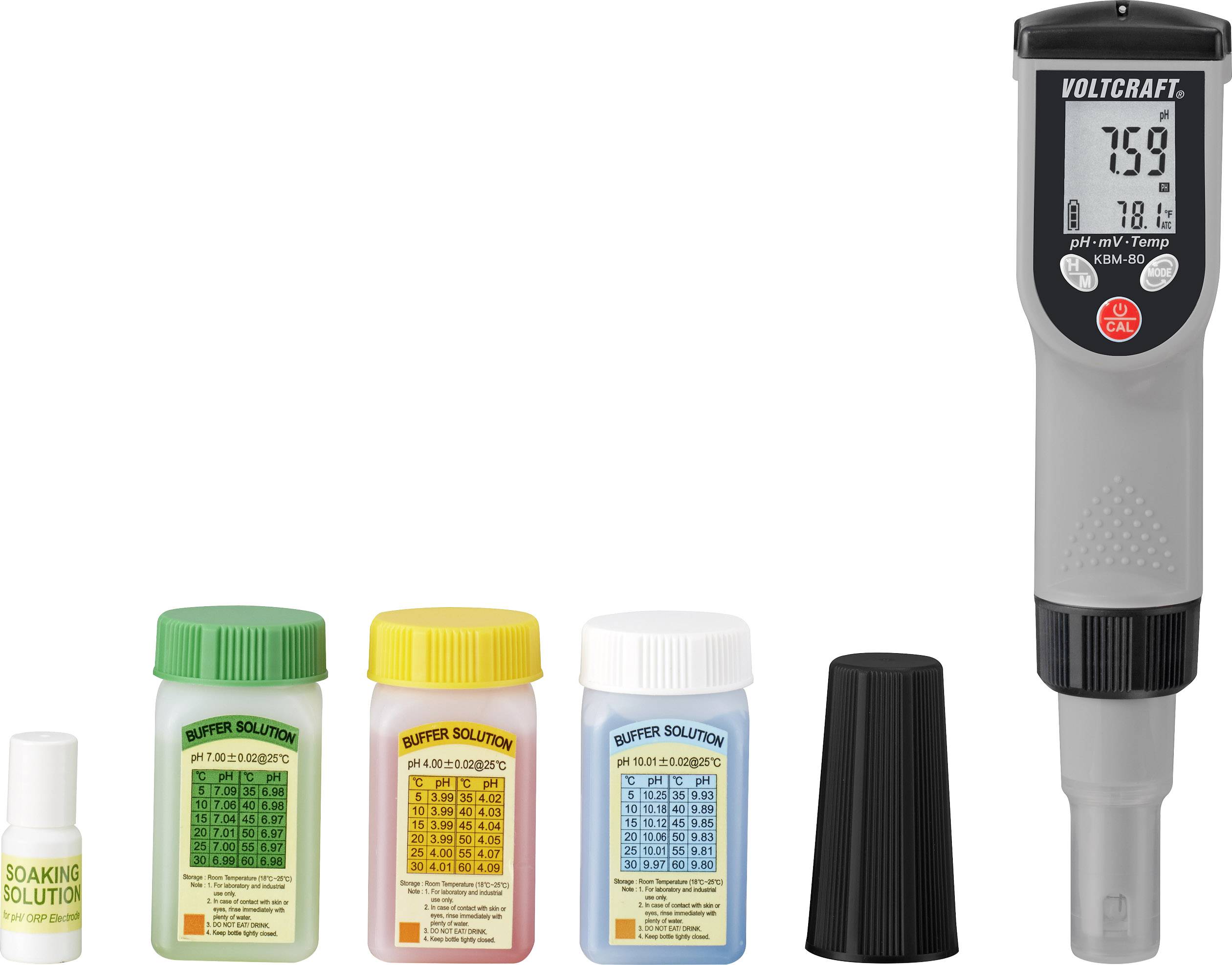 pH přístroj s digitálním displejem ukazuje 7,59. Vedle něj tři pufrovací roztoky v zelené, žluté a modré barvě a také jeden oplachový roztok.