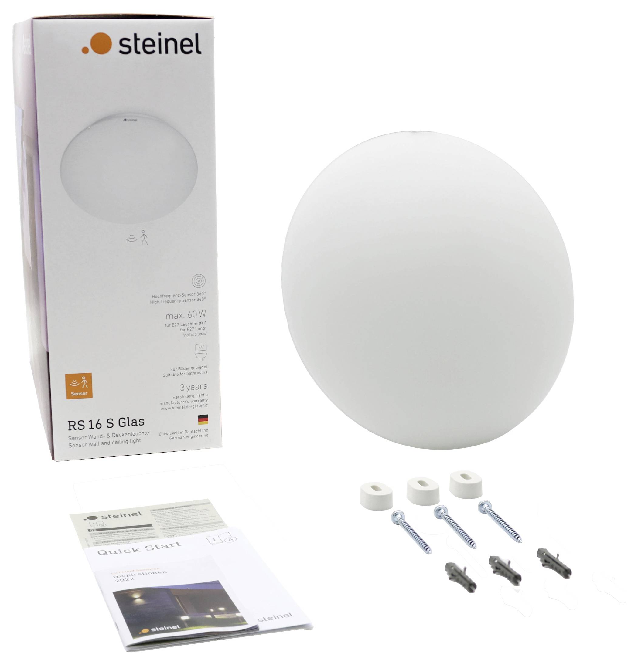 Steinel RS 16 S Glas kulaté bílé stropní svítidlo zobrazené s krabicí produktu, montážním příslušenstvím a rychlým průvodcem spuštěním.