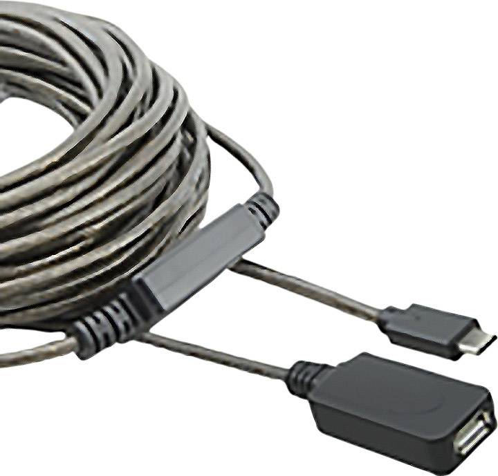 Dlouhý, stočený USB kabel s USB-A a USB-C konektory na obou koncích, zobrazený na bílém pozadí.