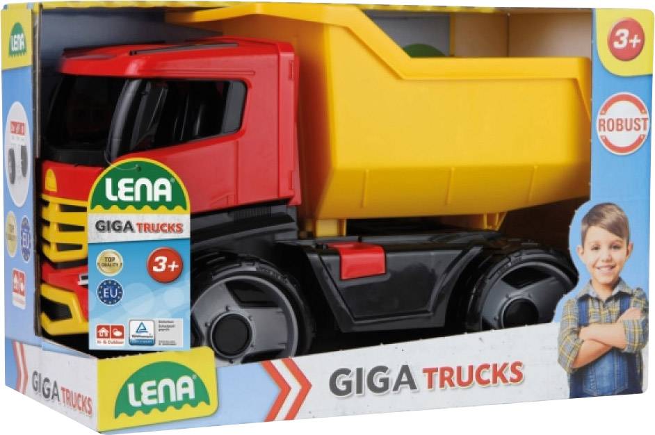 Hračka - Nákladní auto s barevným sklápěčem pro děti od 3 let, značka "Lena" s upozorněním na odolnost.