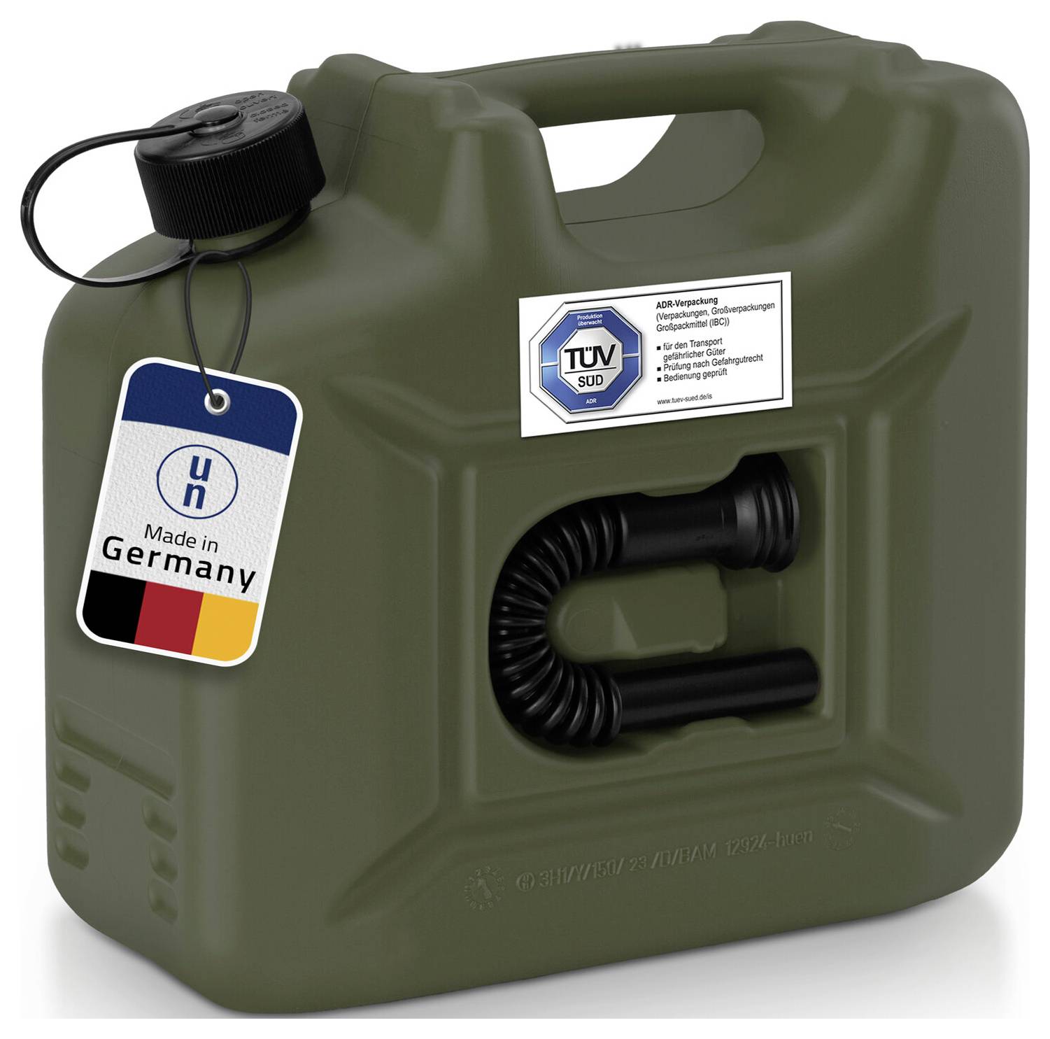 Zelený benzínový kanistr se štítkem „Made in Germany" a logem TÜV. Černý výpustný nástavec leží na straně.