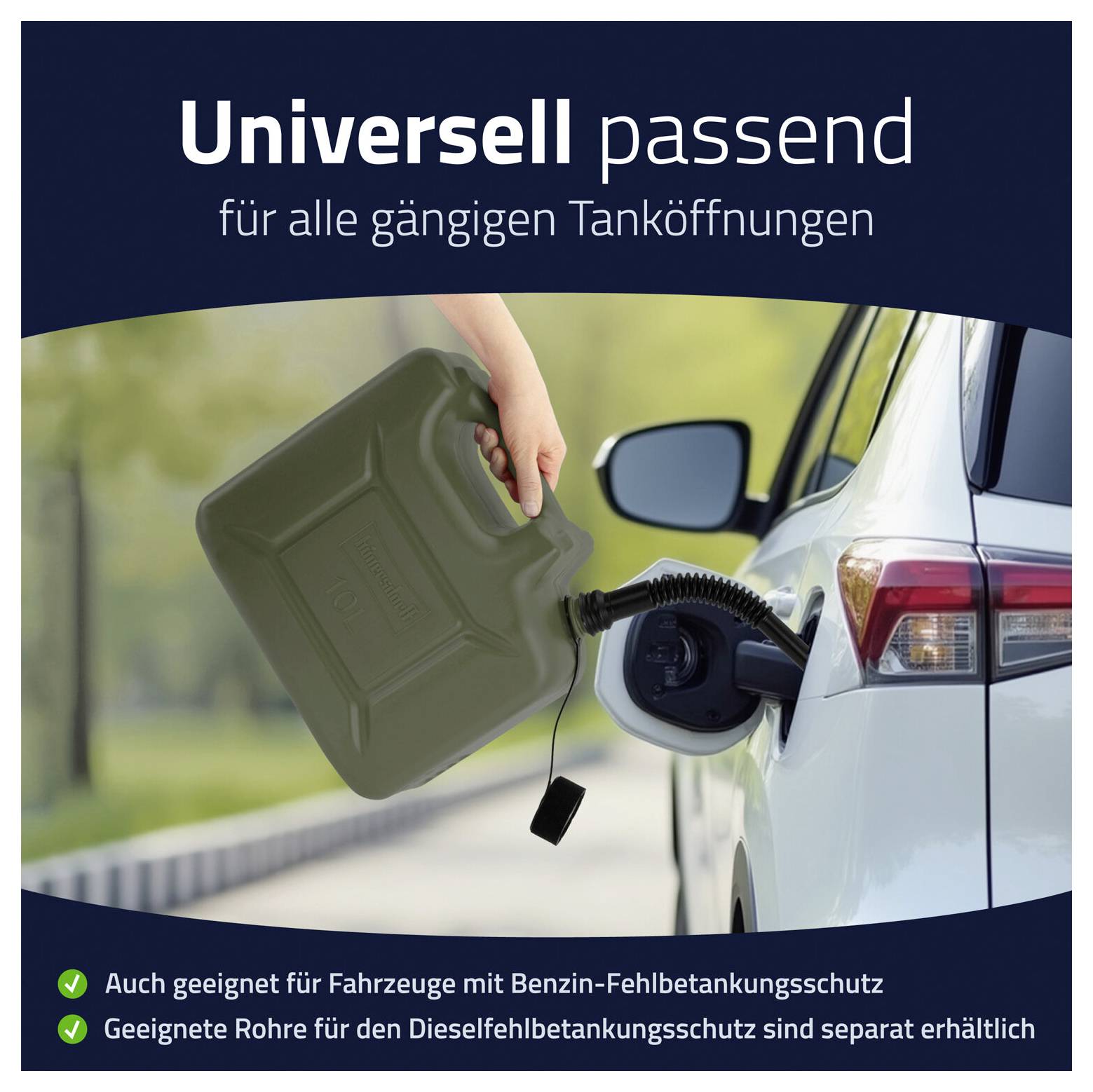 Automobil se tanky z kanistr. Text: 'Univerzálně vhodný pro všechny běžné otevory nádrže'.