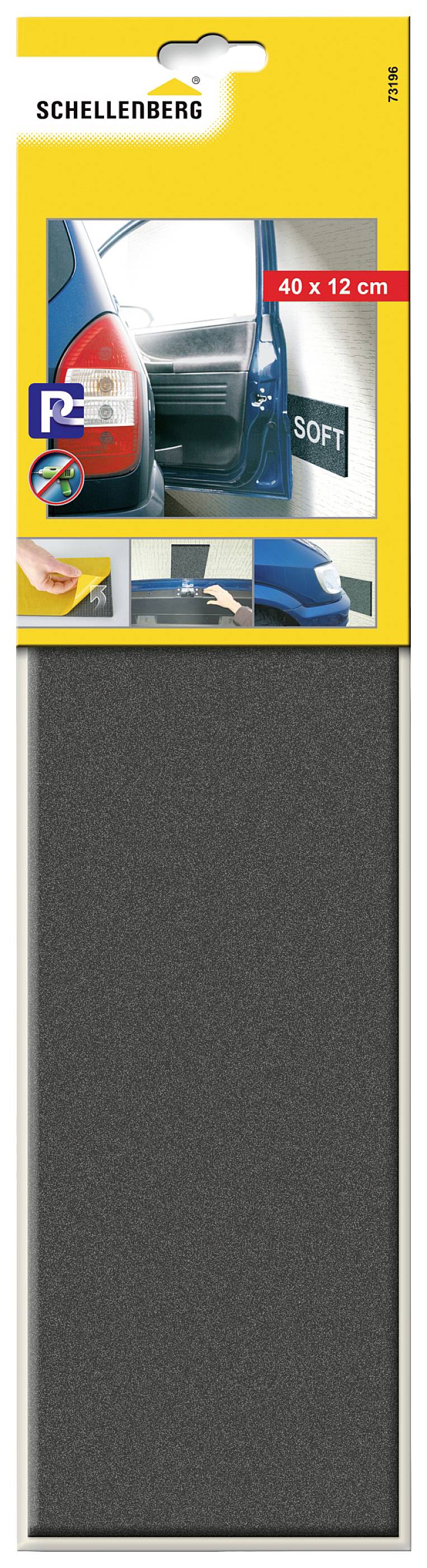 Ochranná lišta obalu produktu. Ukazuje příklady použití: ochrana při otevírání dveří v parkovacím domě. Rozměry: 40 x 12 cm.