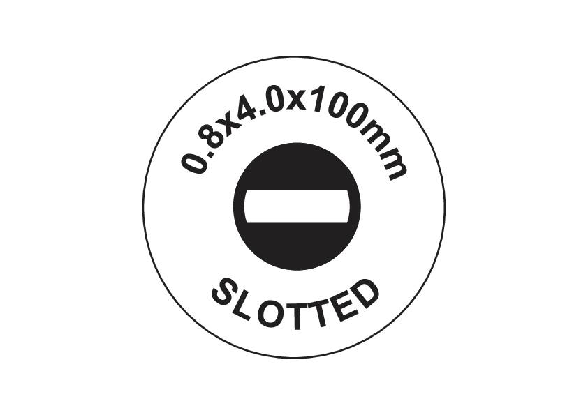 "0,8 x 4,0 x 100 mm s drážkou" je napsáno kolem symbolu se štěrbinou.