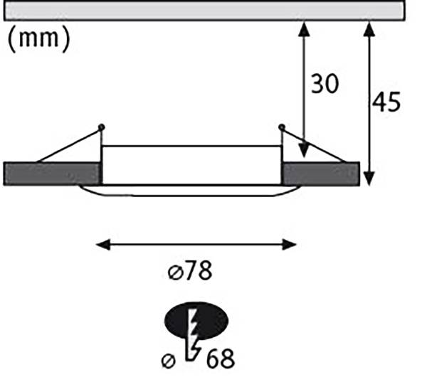 Vestavné svítidlo Rozměry: Průměr 78 mm, výška 45 mm, doporučený průměr otvoru 68 mm, hloubka vestavění 30 mm.