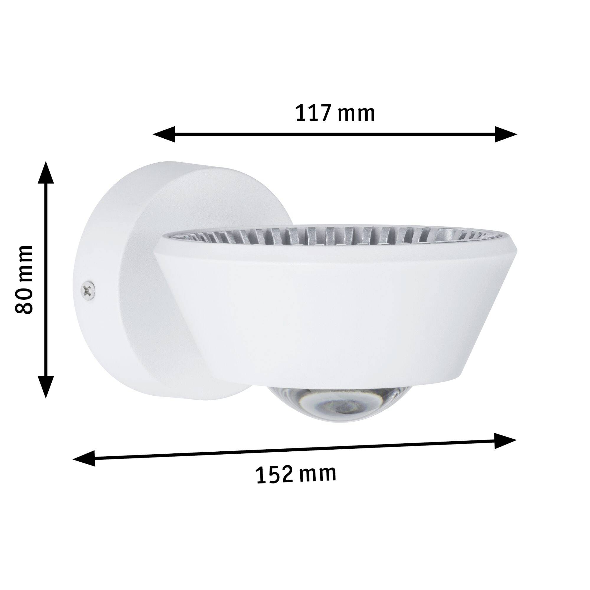 Bílé nástěnné svítidlo s rozměry: výška 80 mm, šířka 117 mm, hloubka 152 mm. Kulatý tvar s širokým stínidlem.