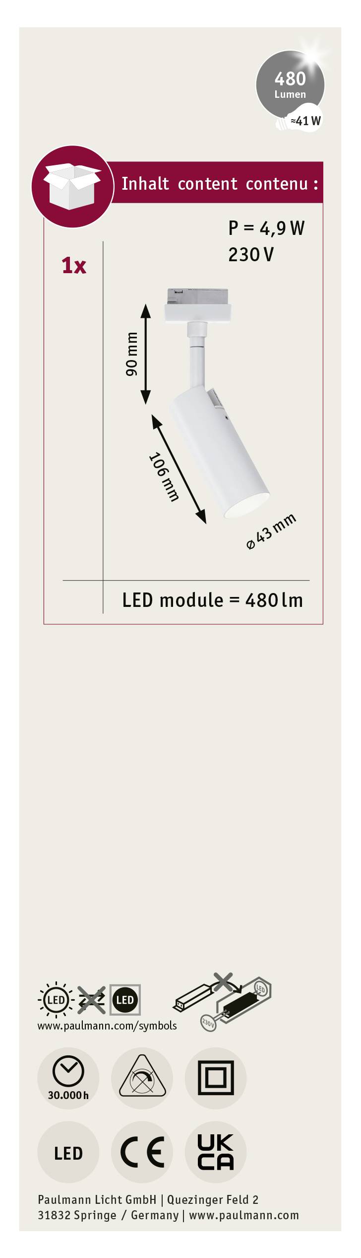 'Kyvné pruhové světlo: 4,9 W, 230 V, LED modul = 480 lm. Rozměry: 90 mm x 40 mm.'