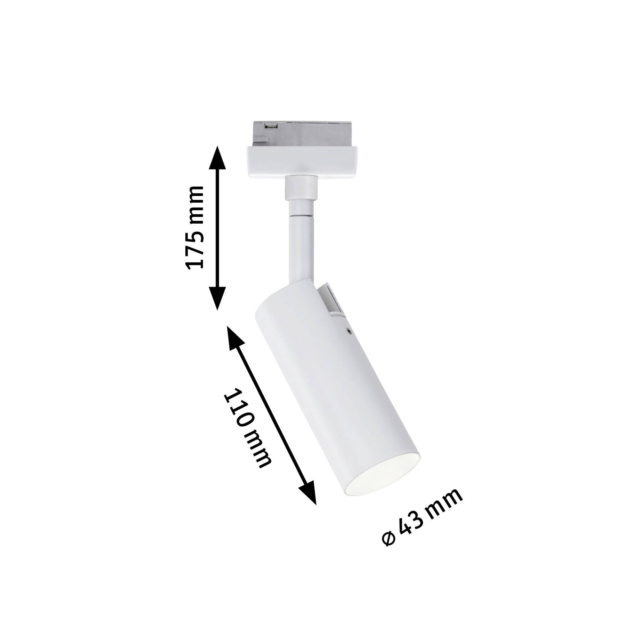 Bílé stropní svítidlo s válcovitým designem. Rozměry: výška 175 mm, délka 110 mm, průměr 43 mm.