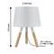 Bílá stolní lampa se třínožkovým dřevěným stojanem, výška 315 mm, průměr stínidla 220 mm, kabel 30 cm plus 120 cm prodlužovací kabel.
