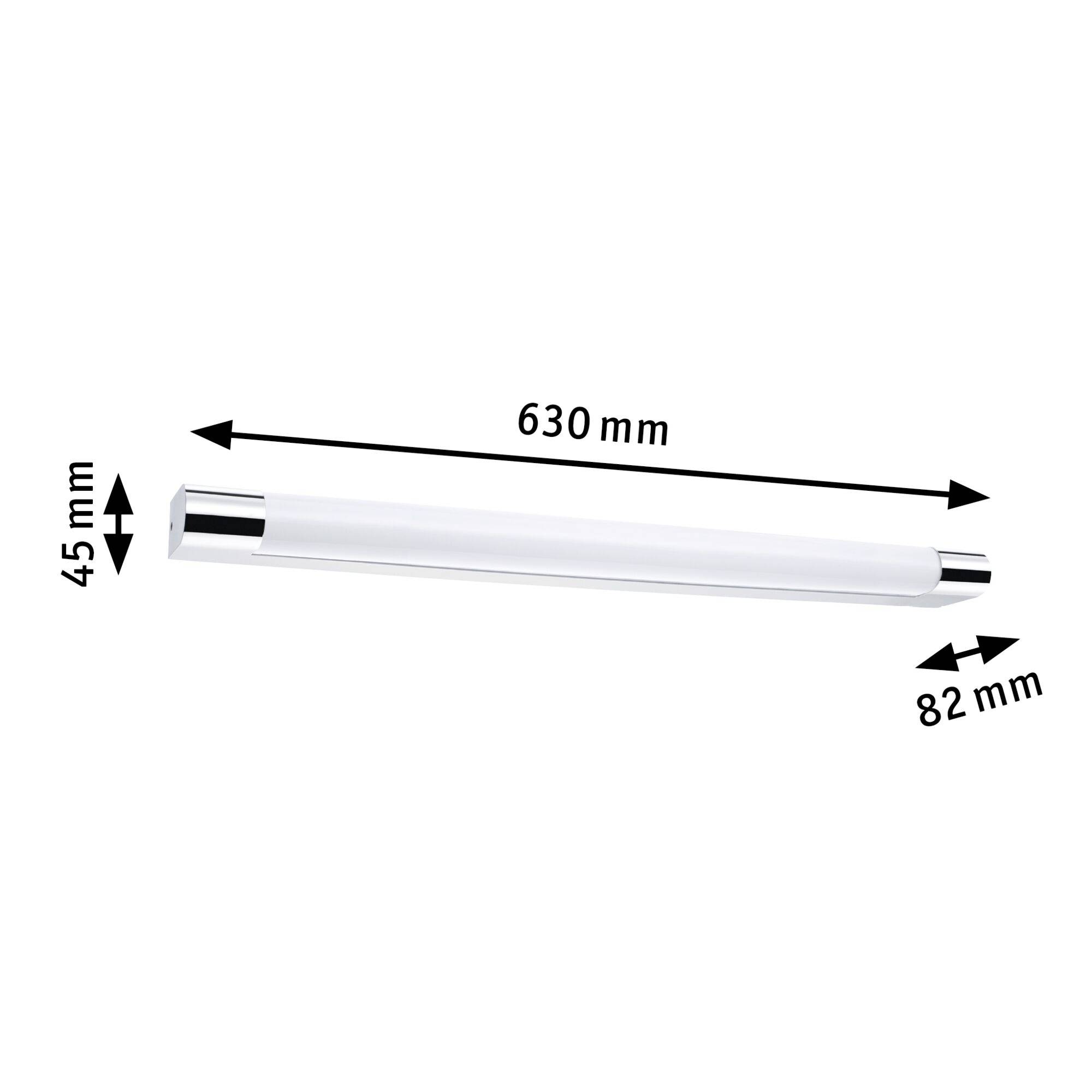 LED světelná lišta o rozměrech 630 mm délky, 45 mm výšky a 82 mm hloubky, ideální do skříní nebo ke zrcadlům.