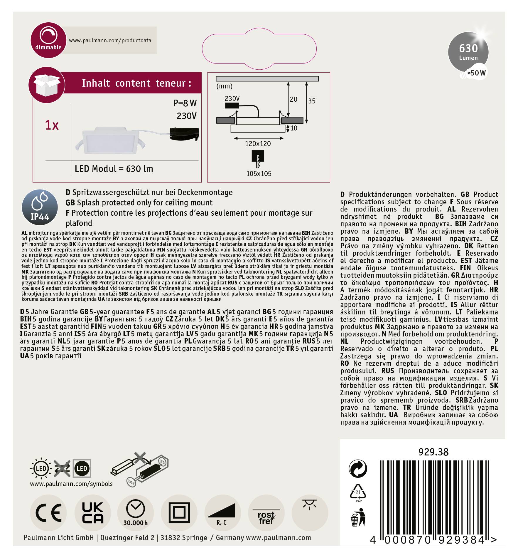 'LED modul Paulmann, 630 lm, 8W, IP44, pouze pro montáž na strop. Včetně ochrany před vodní projekcí a technických detailů.'