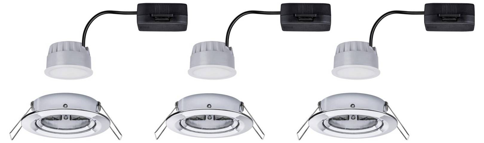 Tři vestavné stropní LED svítidla v řadě; horní pohled ukazuje kabelové přípojky, spodní pohled zobrazuje pružinové svorky a tvar lampy.