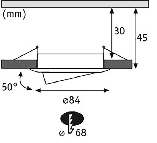 Technický výkres stropního svítidla: průměr 84 mm, montážní otvor 68 mm, úhel sklonu 50 stupňů, výškové rozměry 30 a 45 mm.