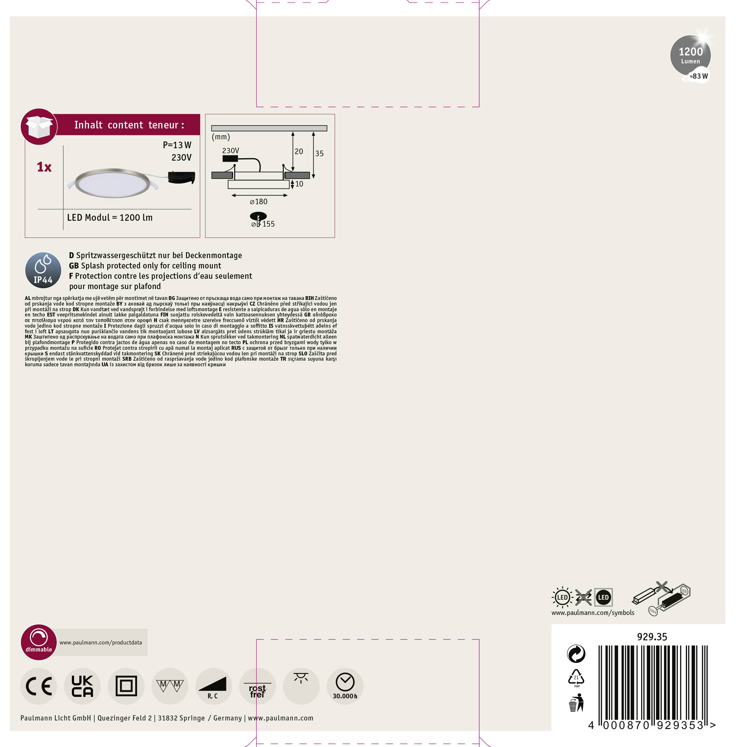 Paulmann Areo LED vestavné koupelnové panelové svítidlo LED pevně vestavěné LED 12 W IP44 niklová (matná)-3