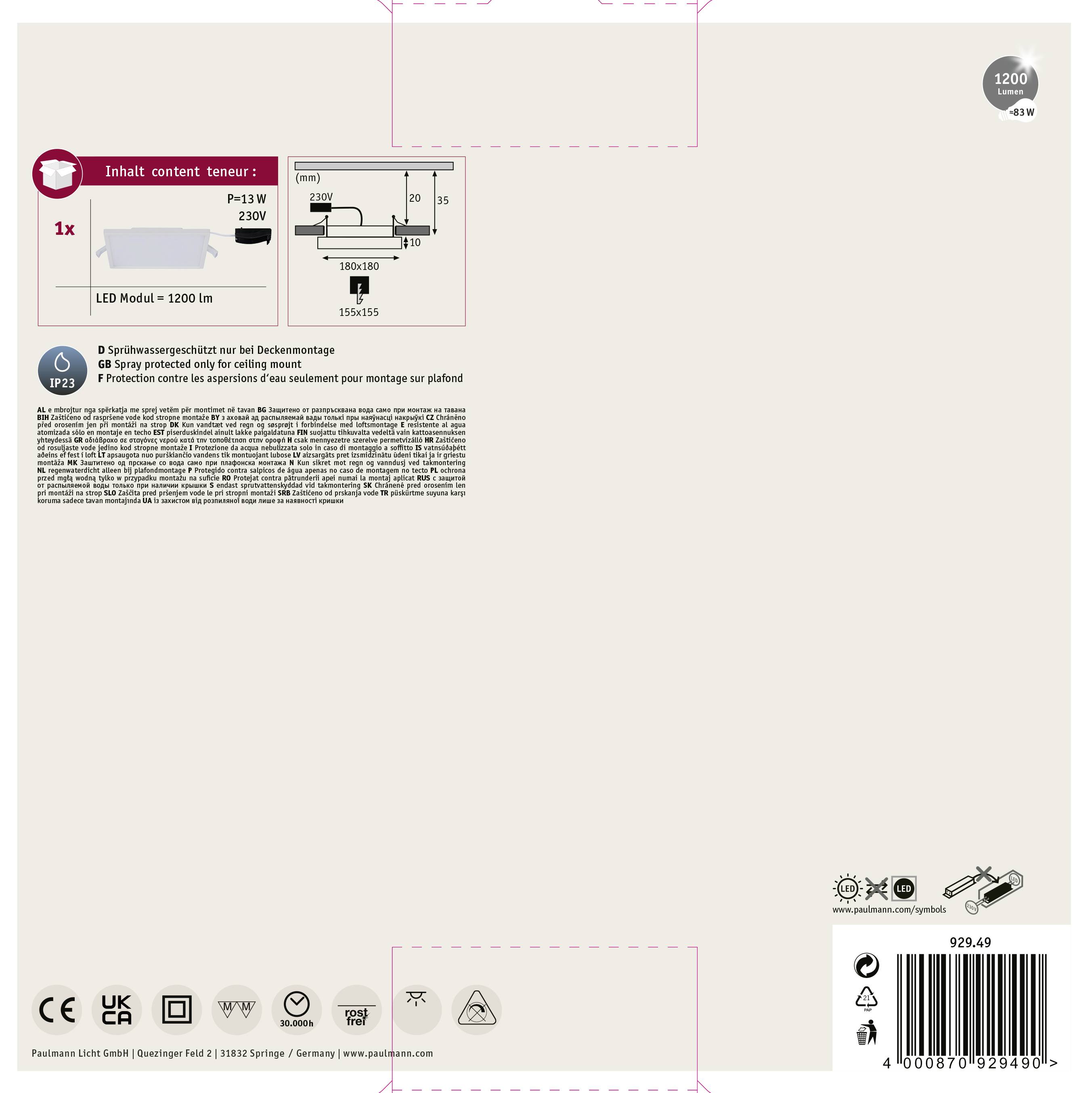 Zadní strana obalu stropního svítidla zobrazuje technické specifikace: 1200 lm, 12W, 230V LED modul, nákresy pro montáž, text v několika jazycích.