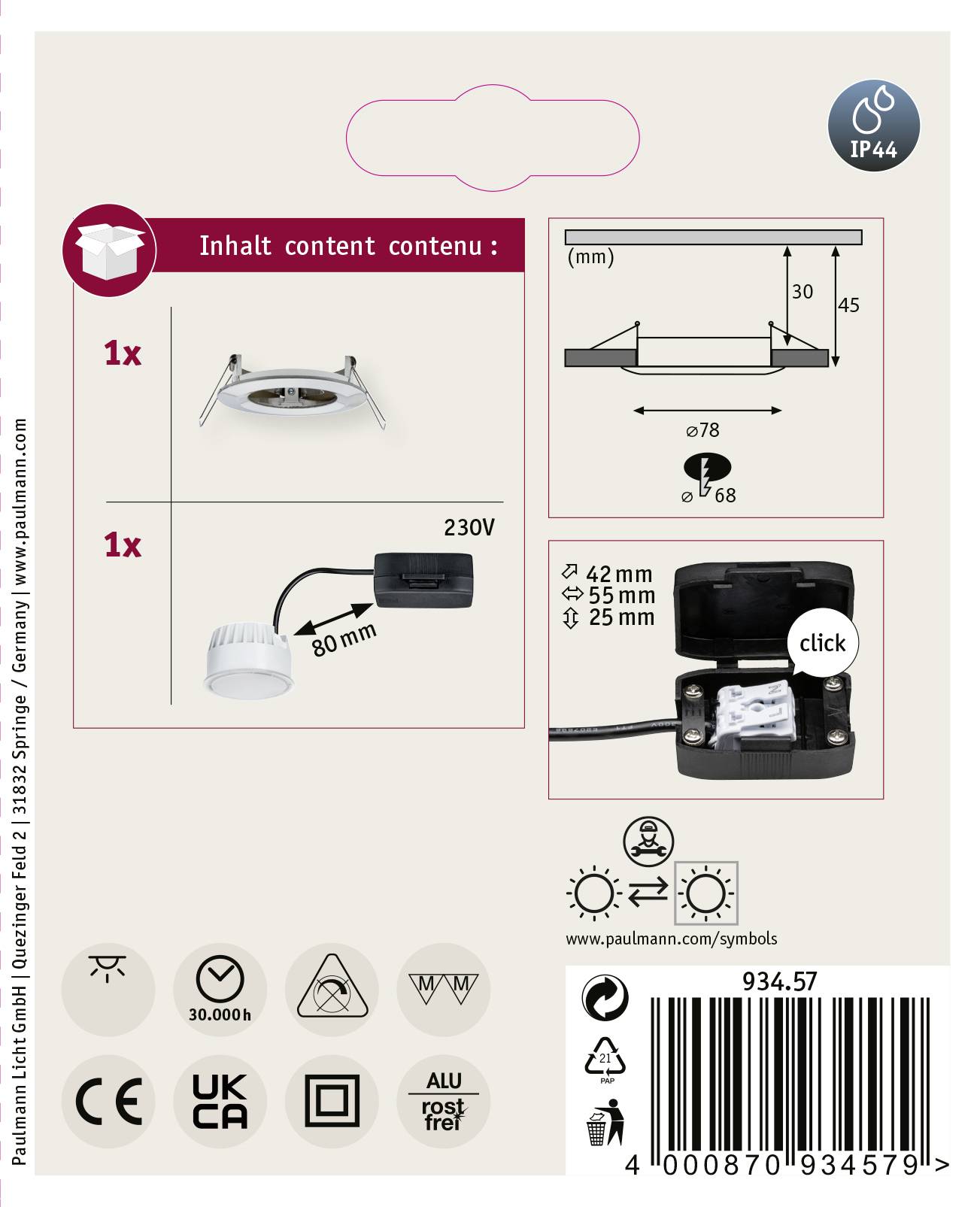 Obrázek zobrazuje balení podhledového LED svítidla. Balení obsahuje 1x podhledový LED reflektor a 1x napájecí zdroj. Jsou zde uvedeny rozměry a stupeň krytí IP44.