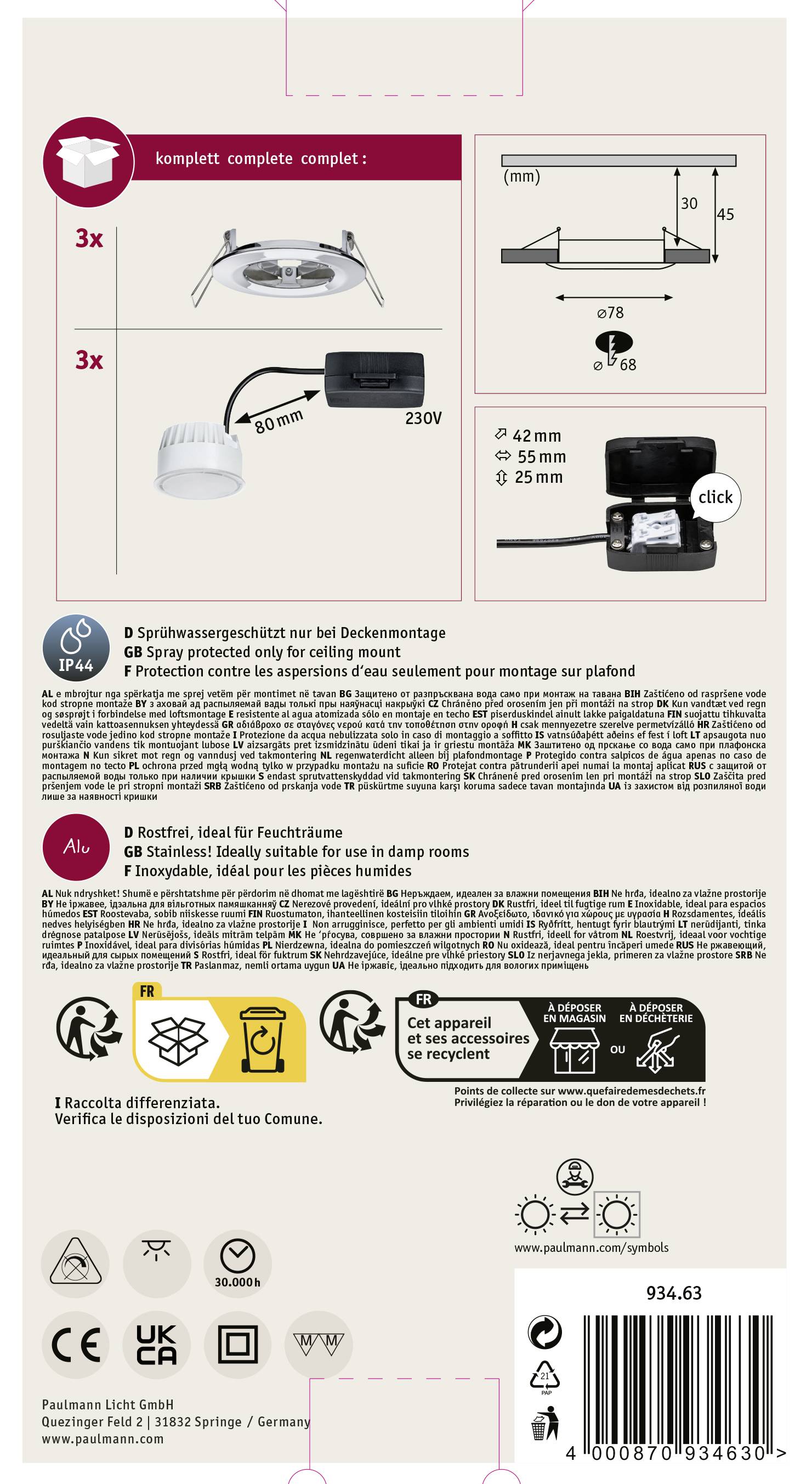 Balení elektrické sady podhledových svítidel se třemi reflektory, montážní detaily a bezpečnostní informace. Stropní vestavná instalace, IP44, 230V.