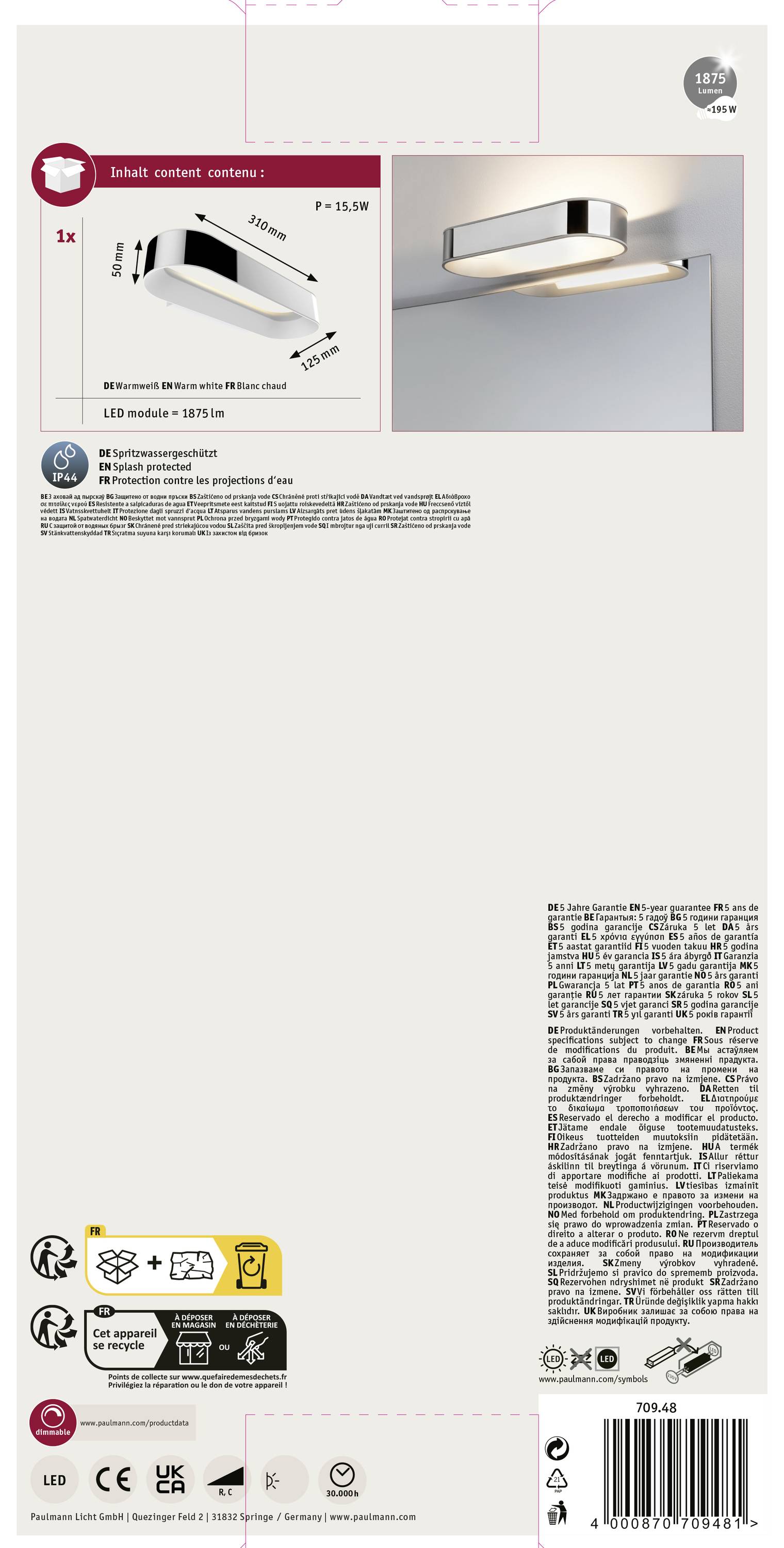 Nástěnné LED svítidlo v stříbrné a bílé barvě, obdélníkový design. Rozměry: Š=13,8 cm. Specifikace LED modulu: 349/30 lm.