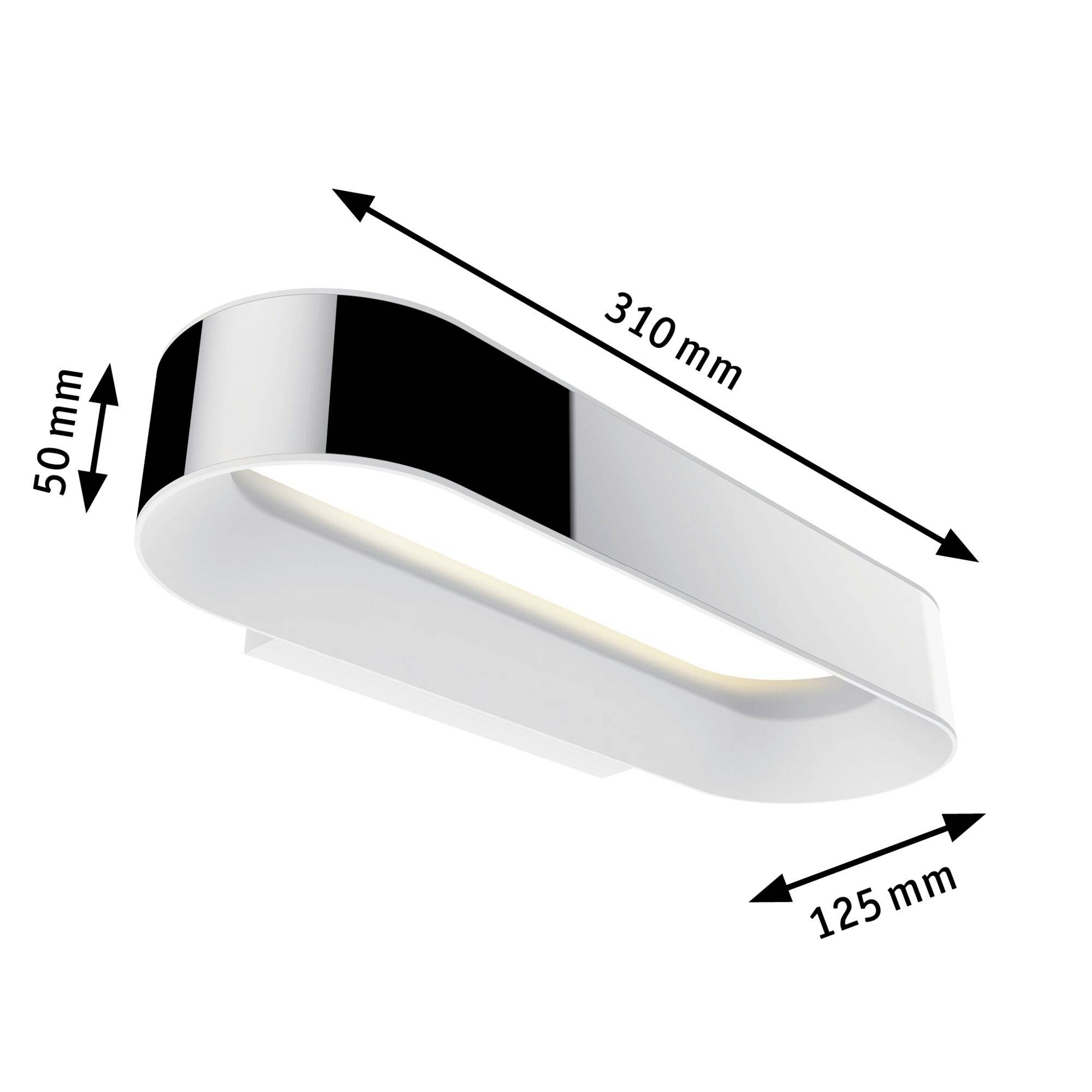 Bílé nástěnné svítidlo se zaoblenými pravoúhlými tvary. Rozměry: 310 mm délka, 125 mm hloubka, 50 mm výška.