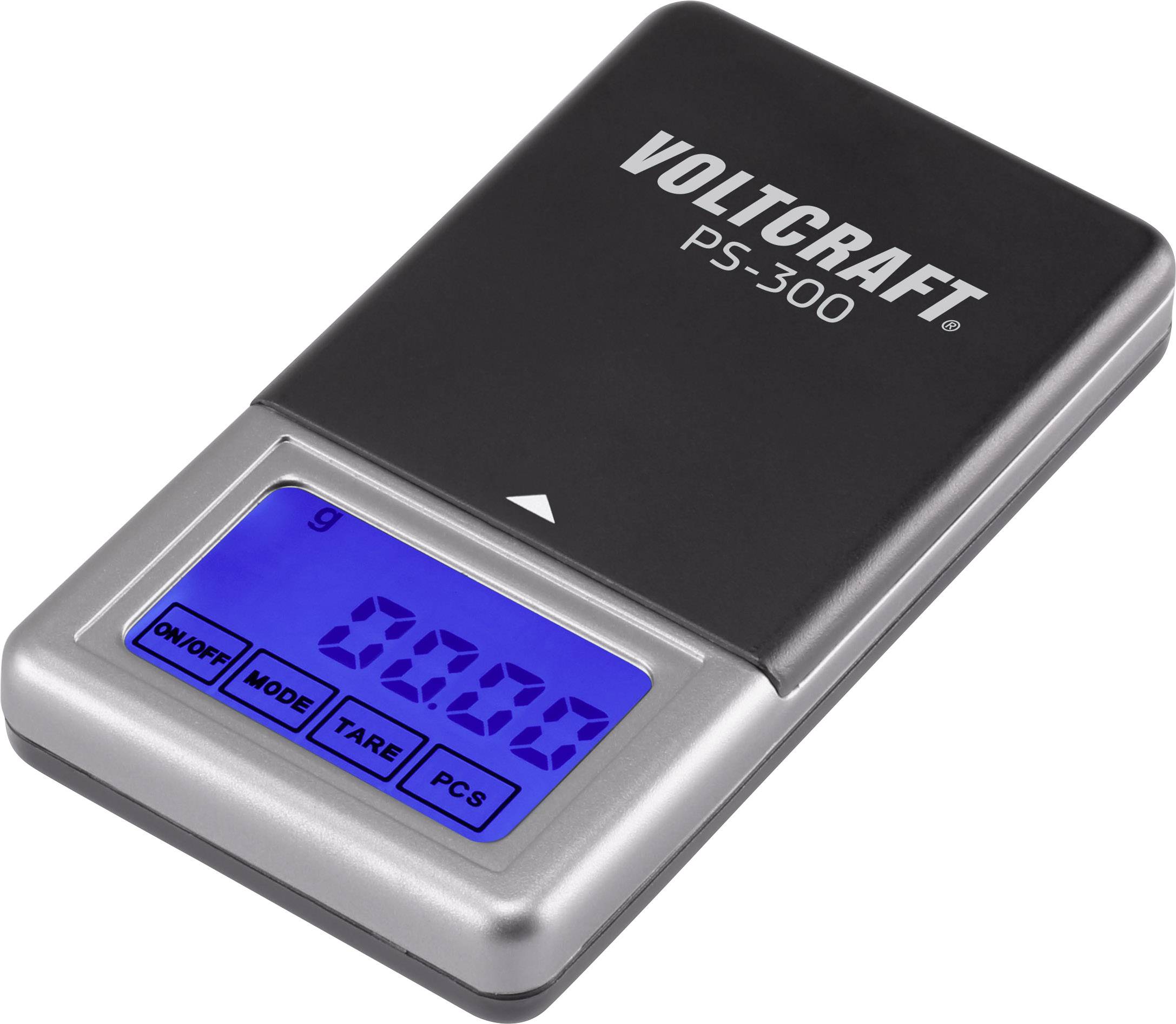 Digitální kapesní váha 'Voltcraft PS-300' s modrým LCD displejem zobrazuje '0.00 g'.