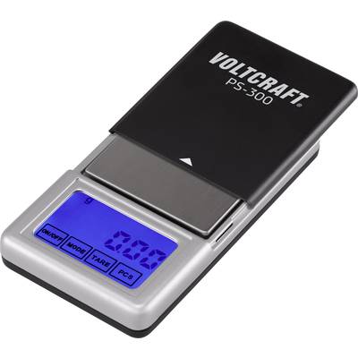 Digitální váha s modře podsvíceným displejem, zobrazuje '0,00 g'. Název značky 'Voltcraft PS-300' nahoře na váze.
