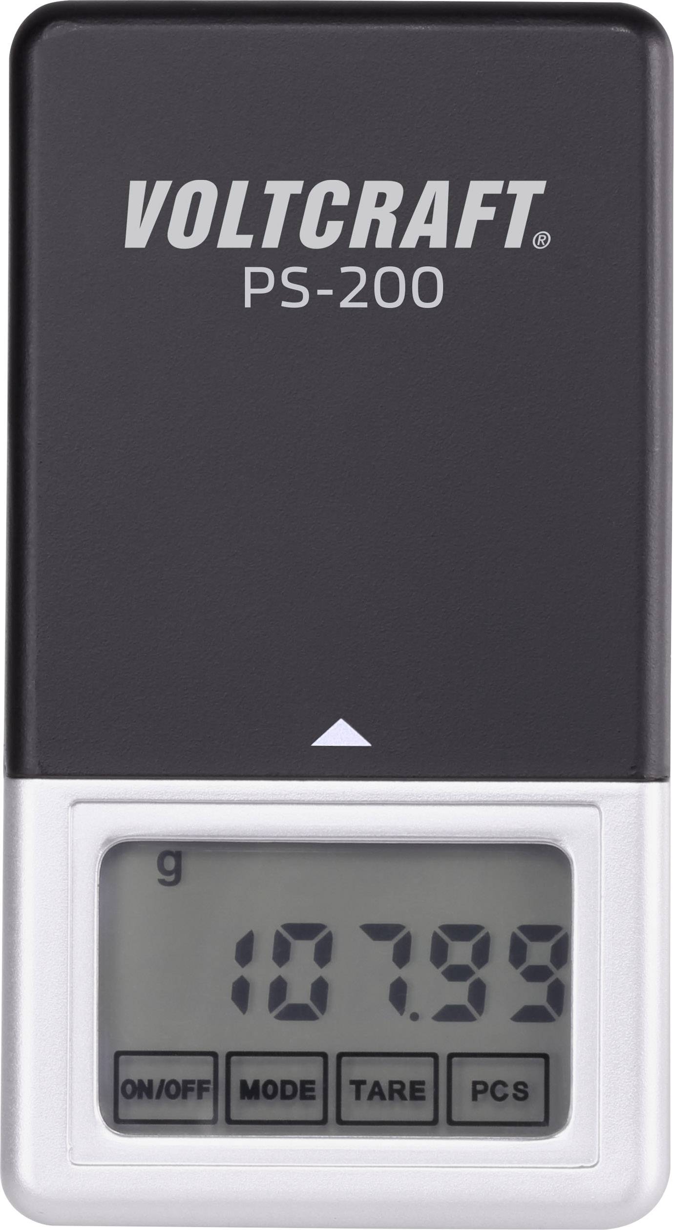 Digitální přesná váha s displejem zobrazujícím '107,99 g'. Nahoře je uveden název značky 'Voltcraft PS-200'.