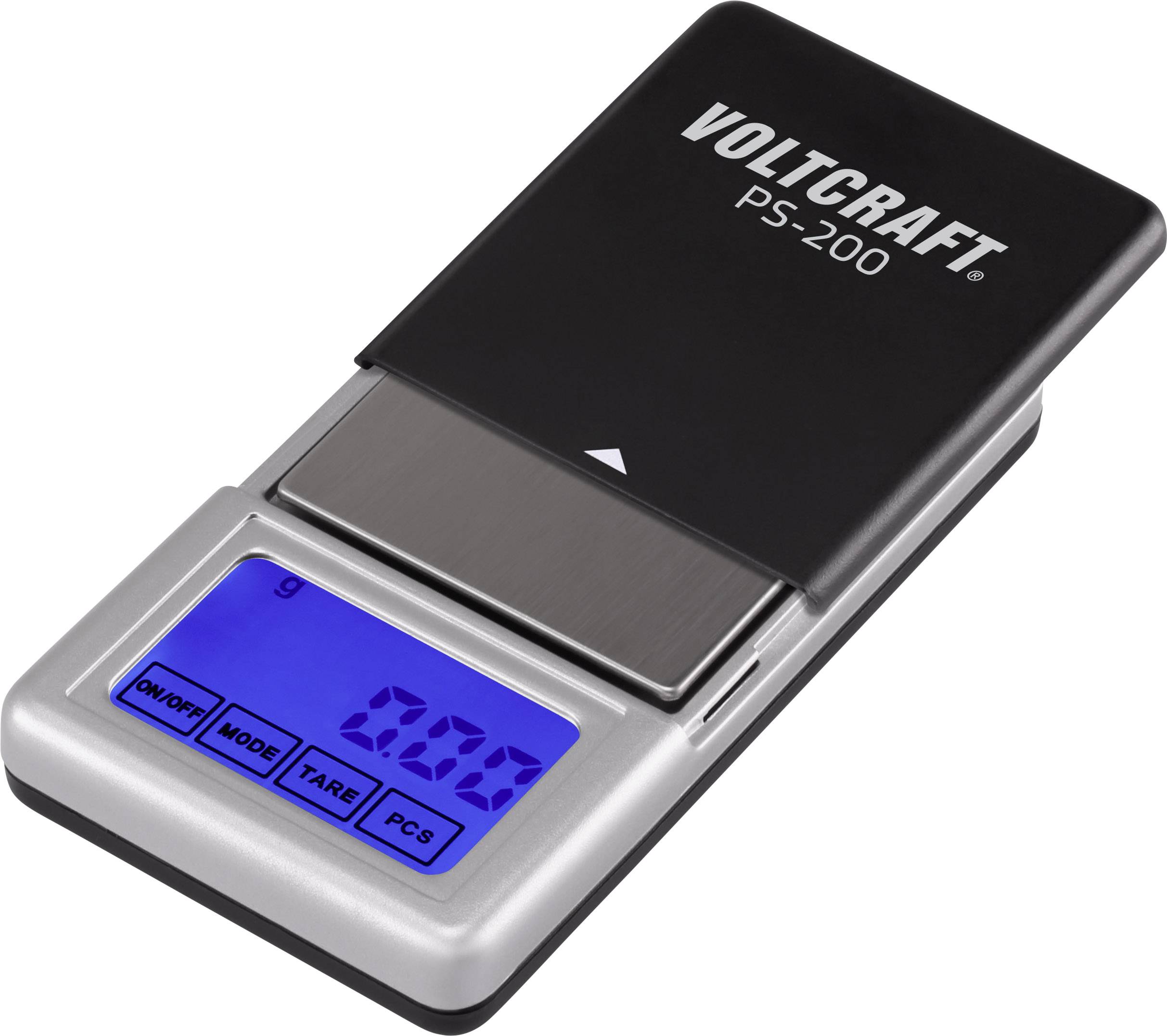Digitální miniaturní váha VOLTCRAFT PS-200 s modrým LCD displejem. Tlačítka: 'Zap/Vyp', 'Režim', 'Tára', 'Kusy'. Ideální pro přesné vážení.