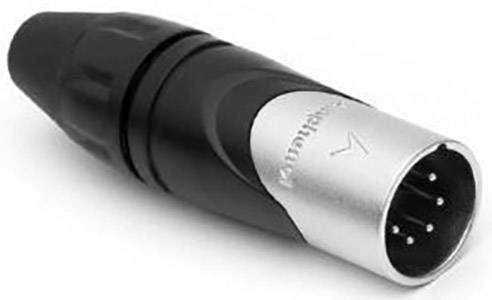 XLR konektor v černé a stříbrné barvě, často používaný pro audio připojení v profesionálních zvukařských aplikacích.