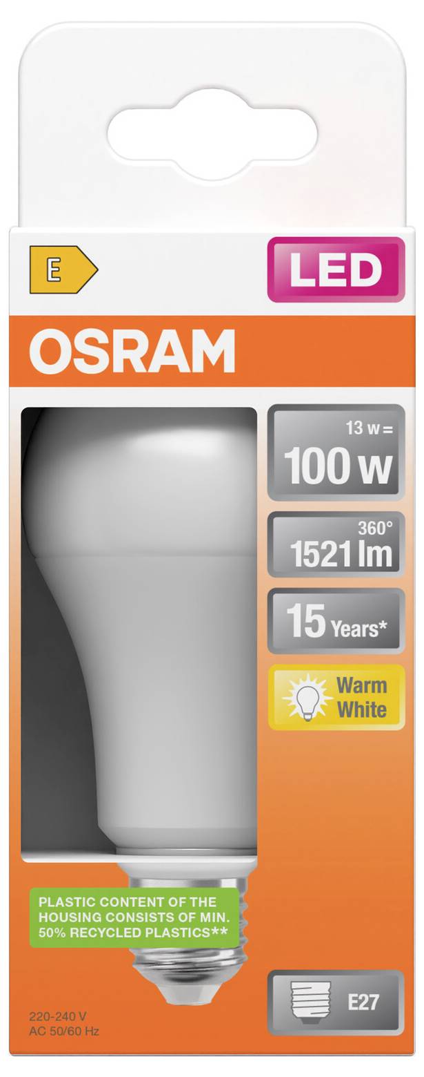 Balení OSRAM LED žárovky, označené 13 W = 100 W, 1521 lm, 360°, 15 let, teplá bílá, závit E27.