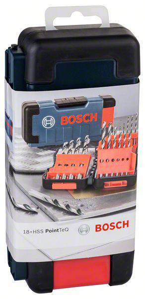 'BOSCH 18dílná sada vrtáků HSS PointTeQ v plastovém boxu, zobrazená na obalu produktu s otevřenou sadou a charakteristickými logy.'