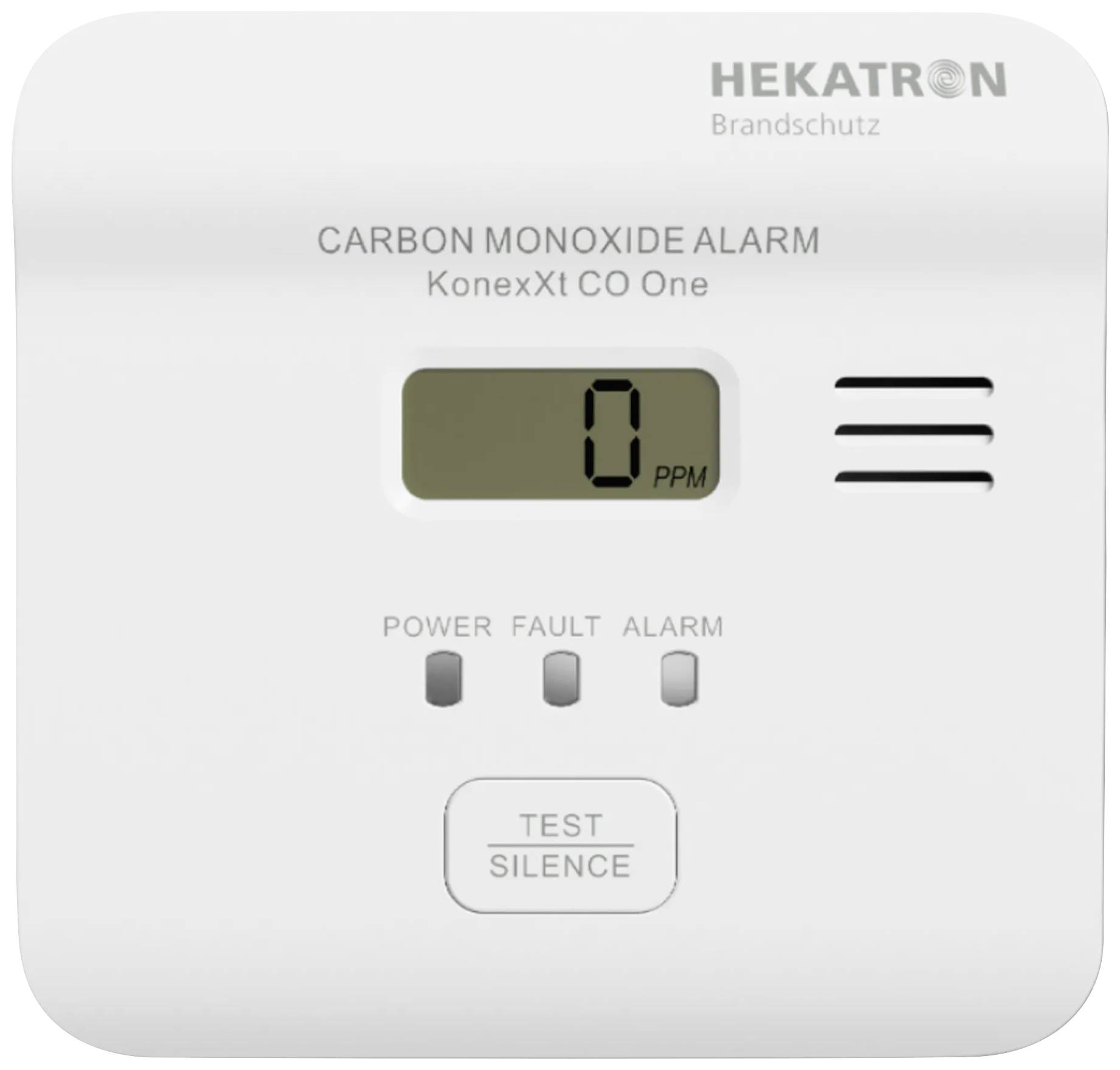 Detektor oxidu uhelnatého s digitálním displejem zobrazuje '0 PPM', tři tlačítka pro test, ztišení a alarmové funkce. Značka: Hekatron.
