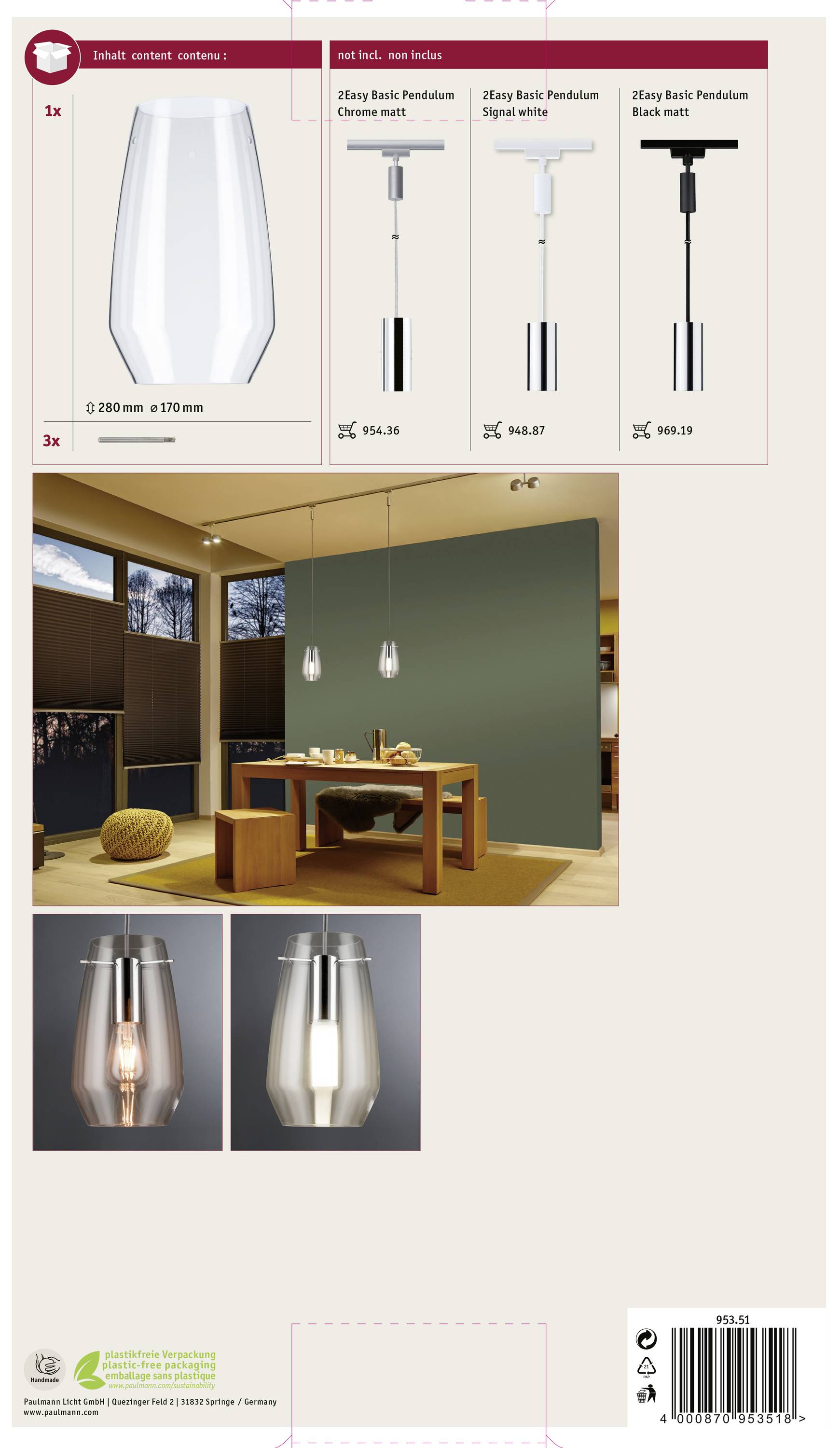 Zobrazení sady lamp s různými závěsnými svítidly a barevnými provedeními. Hlavním motivem je osvětlení jídelny v moderním stylu.