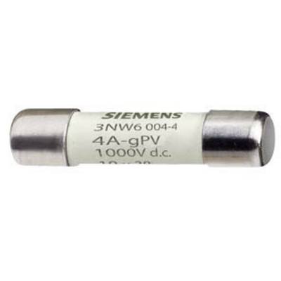 Pojistka s nápisem 'Siemens 3NW6 004-4 4A-gPV 1000V d.c.' pro elektrické obvody, stříbrné konce a válcovitý tvar.