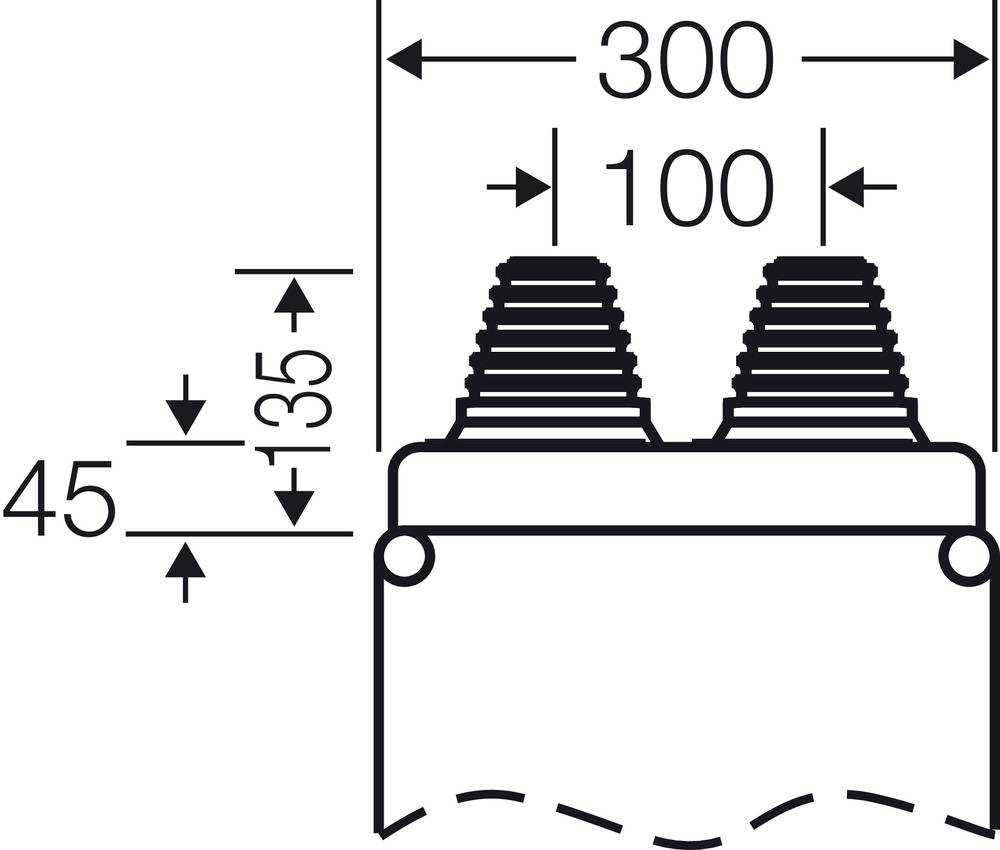 Technický výkres součásti se dvěma vrstvami struktur, vzdálenost 100 mm, celková výška 135 mm, šířka 300 mm.