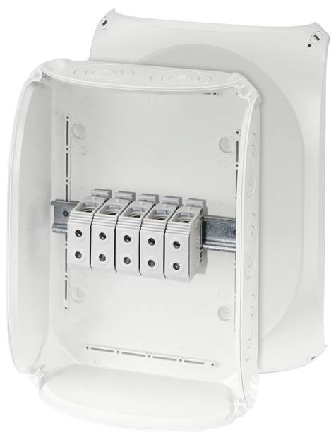 Bílý, prázdný elektrický rozvaděč s pěti držáky na kovovém kolejnicovém profilu, určený k instalaci elektrických komponentů.