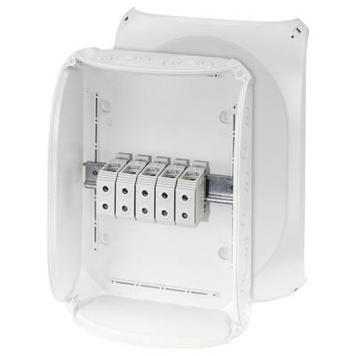 Bílý, prázdný elektrický rozvaděč s pěti držáky na kovovém kolejnicovém profilu, určený k instalaci elektrických komponentů.