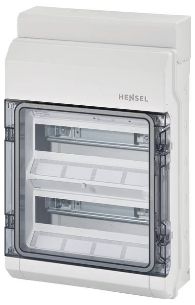 Bílá rozvodná skříň Hensel s transparentními dvířky a dvěma přihrádkami, vhodná pro elektrické instalace.