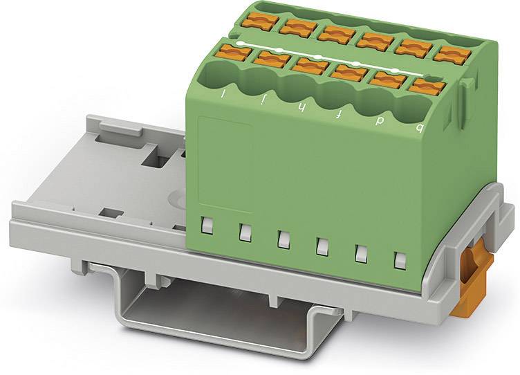 Zelený svorkovnicový blok s oranžovými ovládacími prvky na šedé nosné kolejnici, používaný pro elektrická propojení v průmyslu.