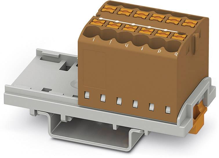 Hnědý konektor s několika svorkami je upevněn na šedé montážní liště.
