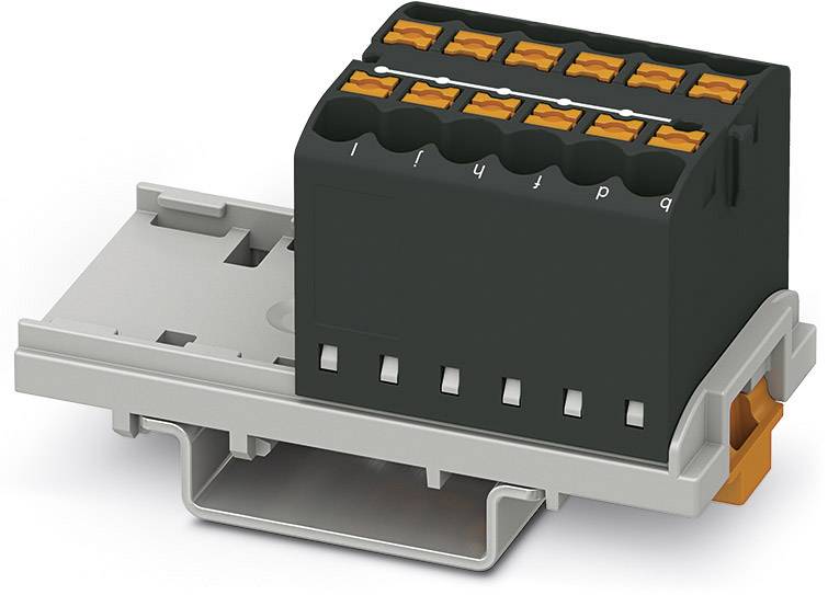 Černý konektor s oranžovými pákami je zasazen do šedého držáku. Má osm připojovacích otvorů.