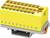 Žlutý elektrický rozvodný blok s několika svorkami. Obsahuje označení písmeny od s do t.