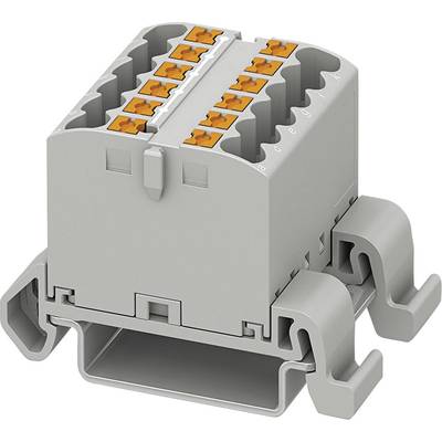 Šedý, pravoúhlý elektrický konektor s několika oranžovými svorkami, namontovaný na DIN liště.