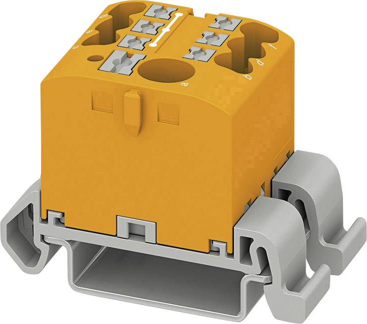 Oranžový elektrický konektor s několika vstupy namontovaný na šedé liště, pohled shora.