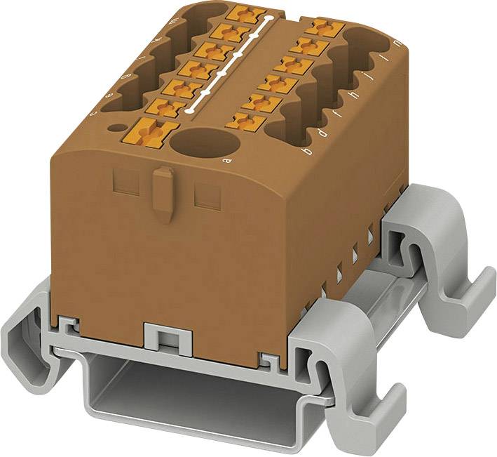 Hnědá vícepolová elektrická svorka na šedém držáku, běžně používaná v elektrotechnice pro připojení vodičů.