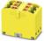 Žlutá elektrická připojovací svorkovnice s šesti červeně označenými svorkami, pravděpodobně pro průmyslové nebo technické aplikace.