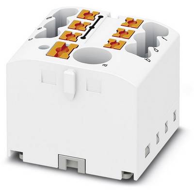 Bílý elektrický propojovací blok s oranžovými svorkami. Na horní straně jsou písmena a až e pro různé připojení.