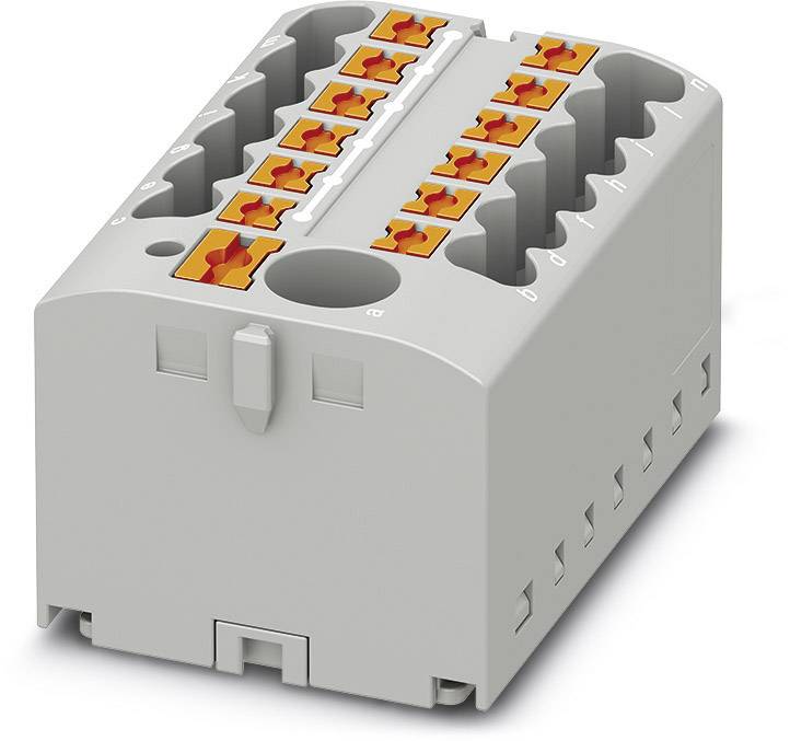 Šedý elektrický připojovací blok s několika oranžovými svorkami pro jednoduché dvovodičové propojení v obdélníkovém pouzdře.